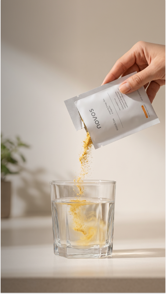 Pouring a NOVOS Core sachet into a glass of water