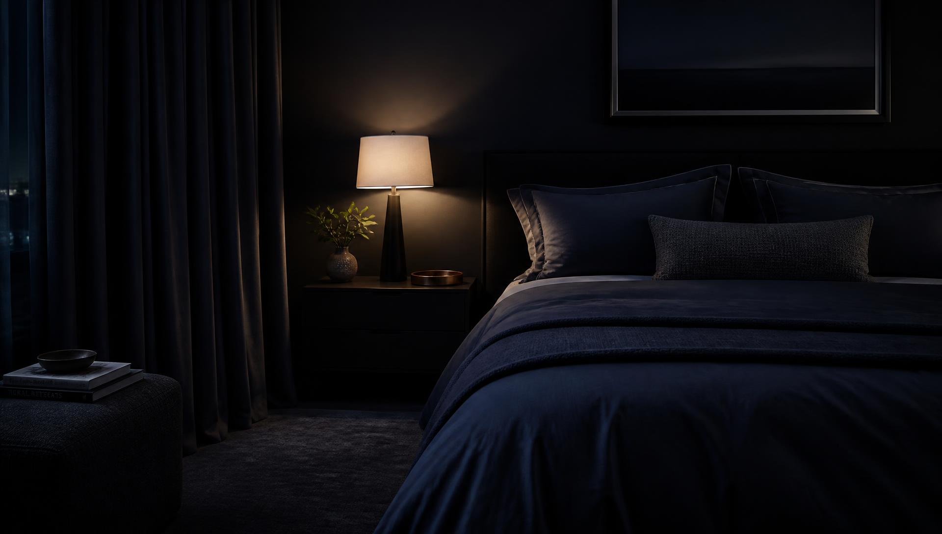 A dark, cool, quiet bedroom lit by a single dim bedside lamp