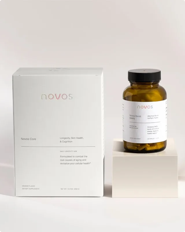 NOVOS Core daily longevity mix box next to a bottle of NOVOS Boost NMN capsules