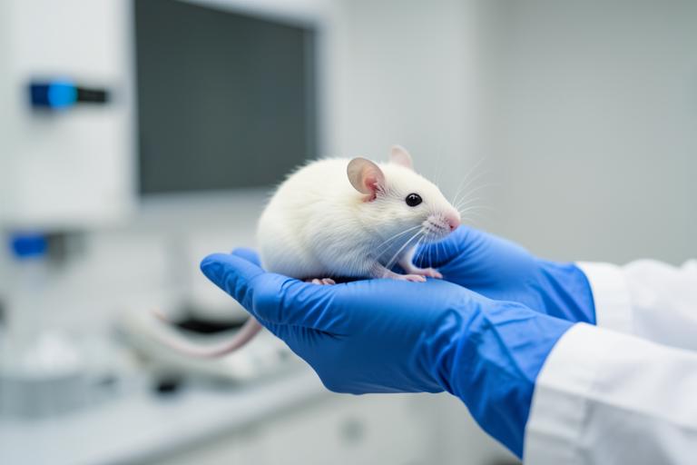 A laboratory mouse resting in a researcher's gloved hands