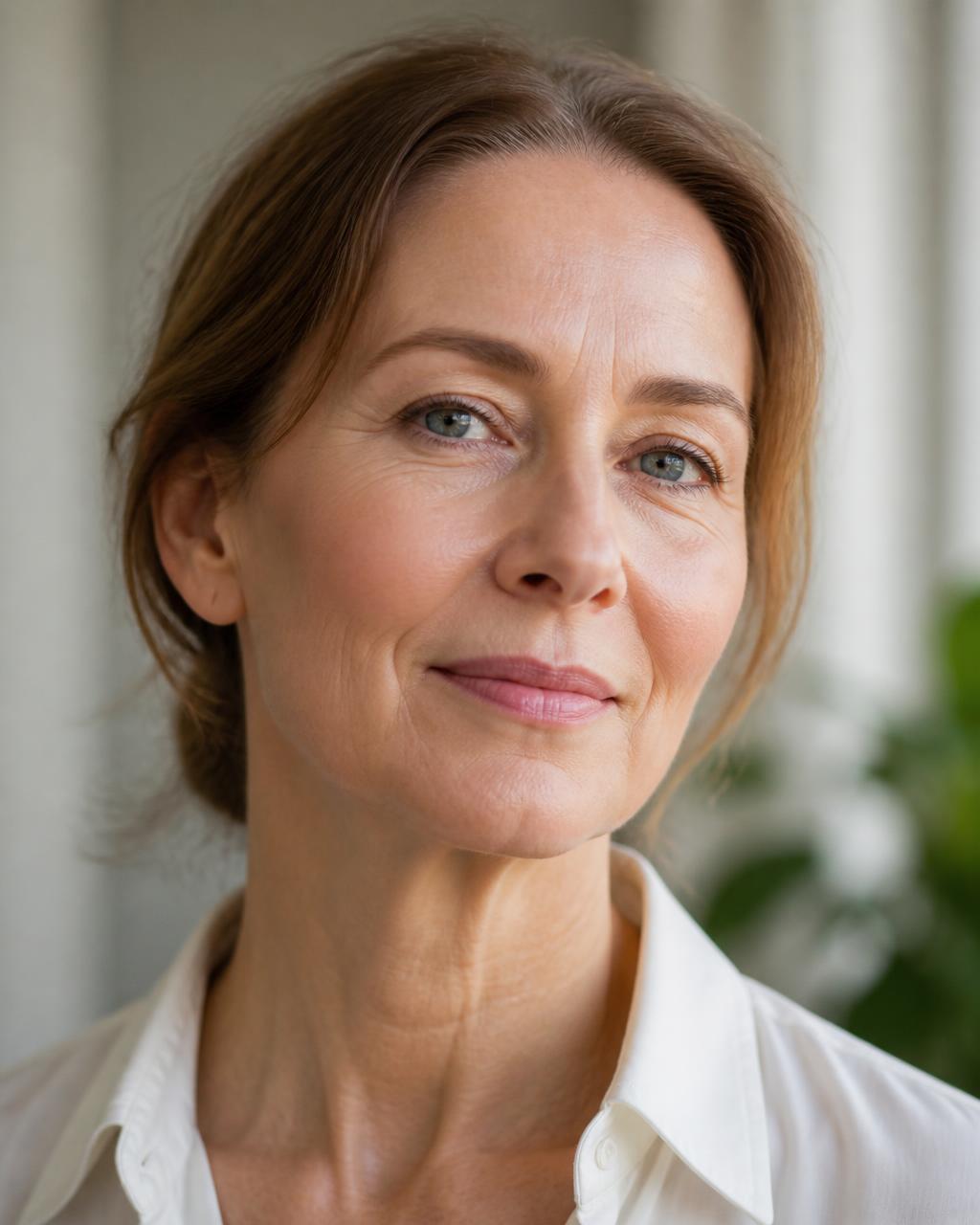 A woman in her fifties with natural, healthy skin