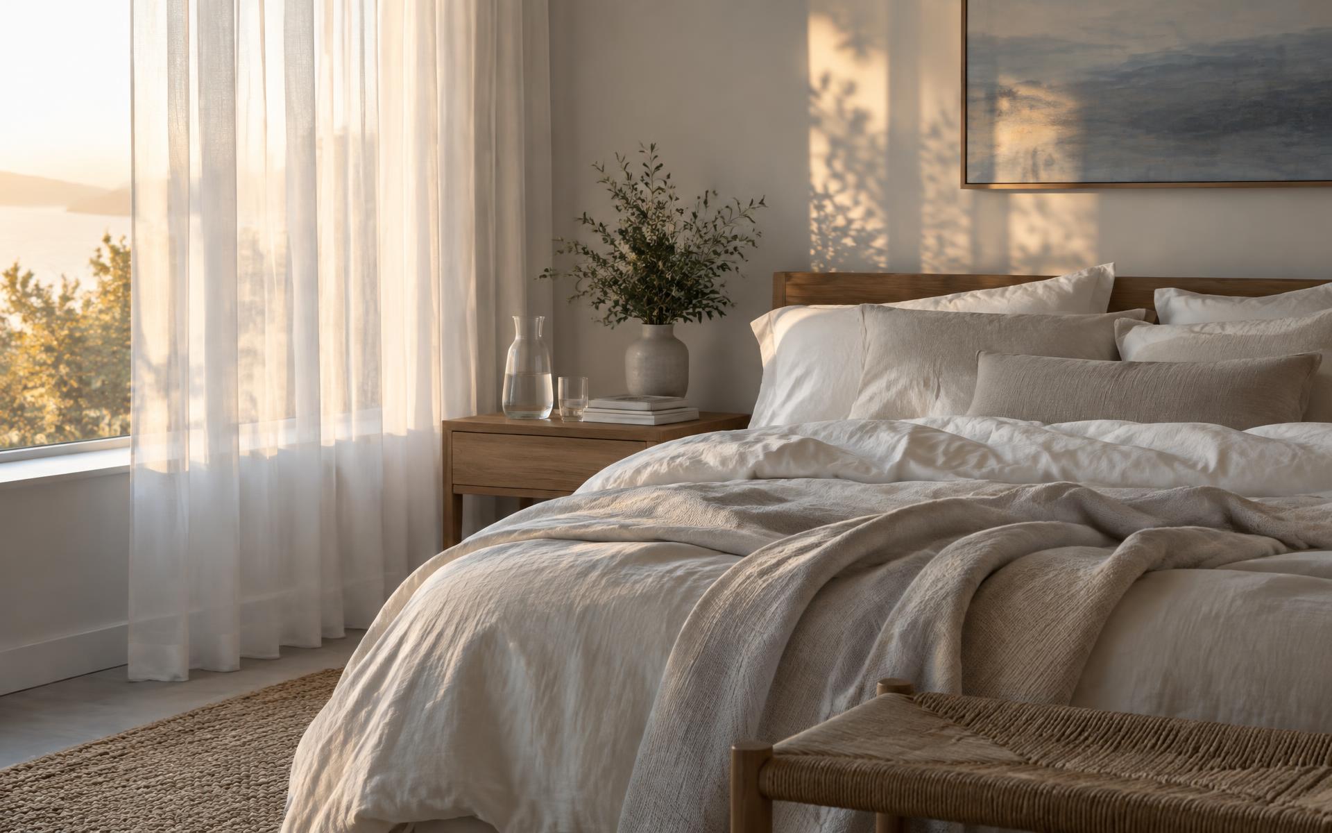 An unmade linen bed in soft morning light with a bedside carafe of water