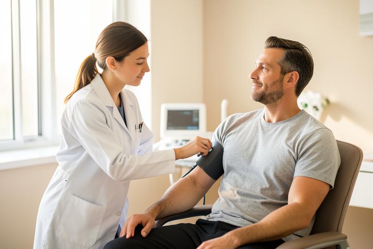 A researcher measuring a study participant's blood pressure in a bright clinical room
