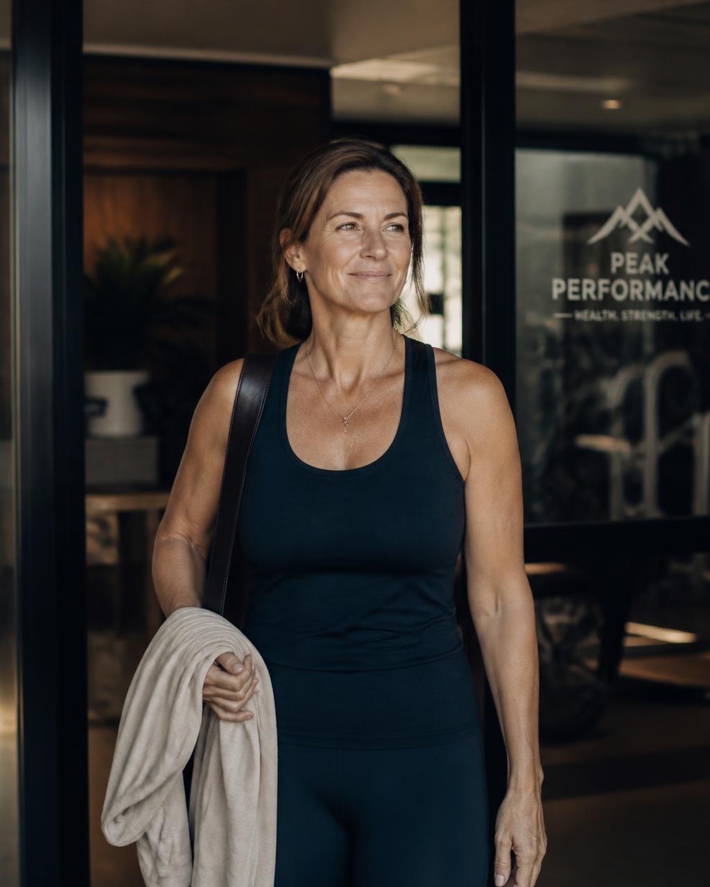 A healthy, active woman in her late forties leaving a gym