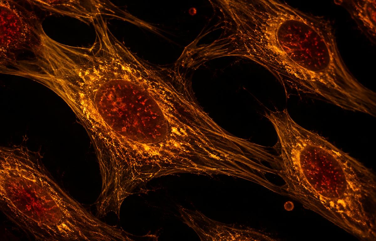 Fluorescence microscopy style image of enlarged senescent human fibroblasts
