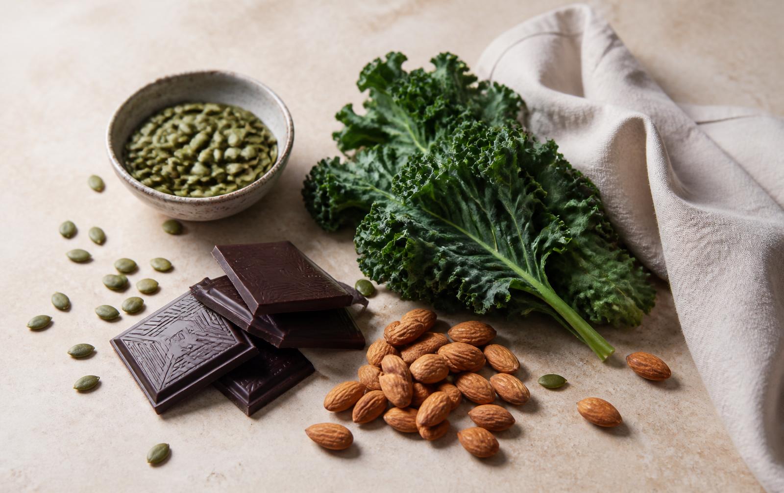Pumpkin seeds, almonds, kale and dark chocolate arranged on a stone surface