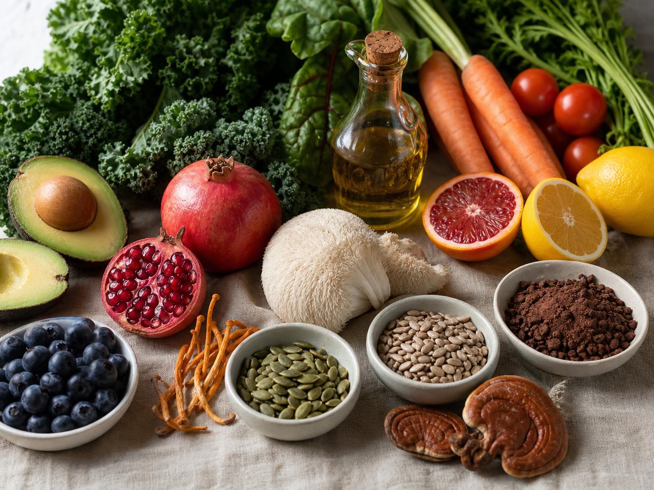 Olive oil, pumpkin and sunflower seeds, lion's mane, cordyceps, reishi, cocoa, fruits and vegetables