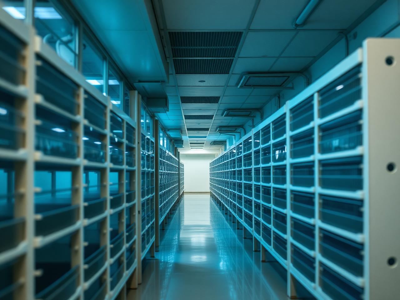 A corridor of ventilated rodent housing racks in an aging-research laboratory