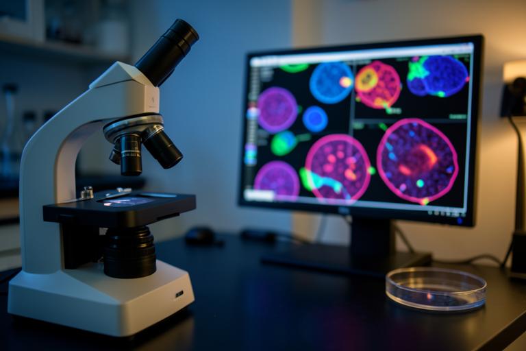 A laboratory microscope beside a monitor showing fluorescent cell imagery