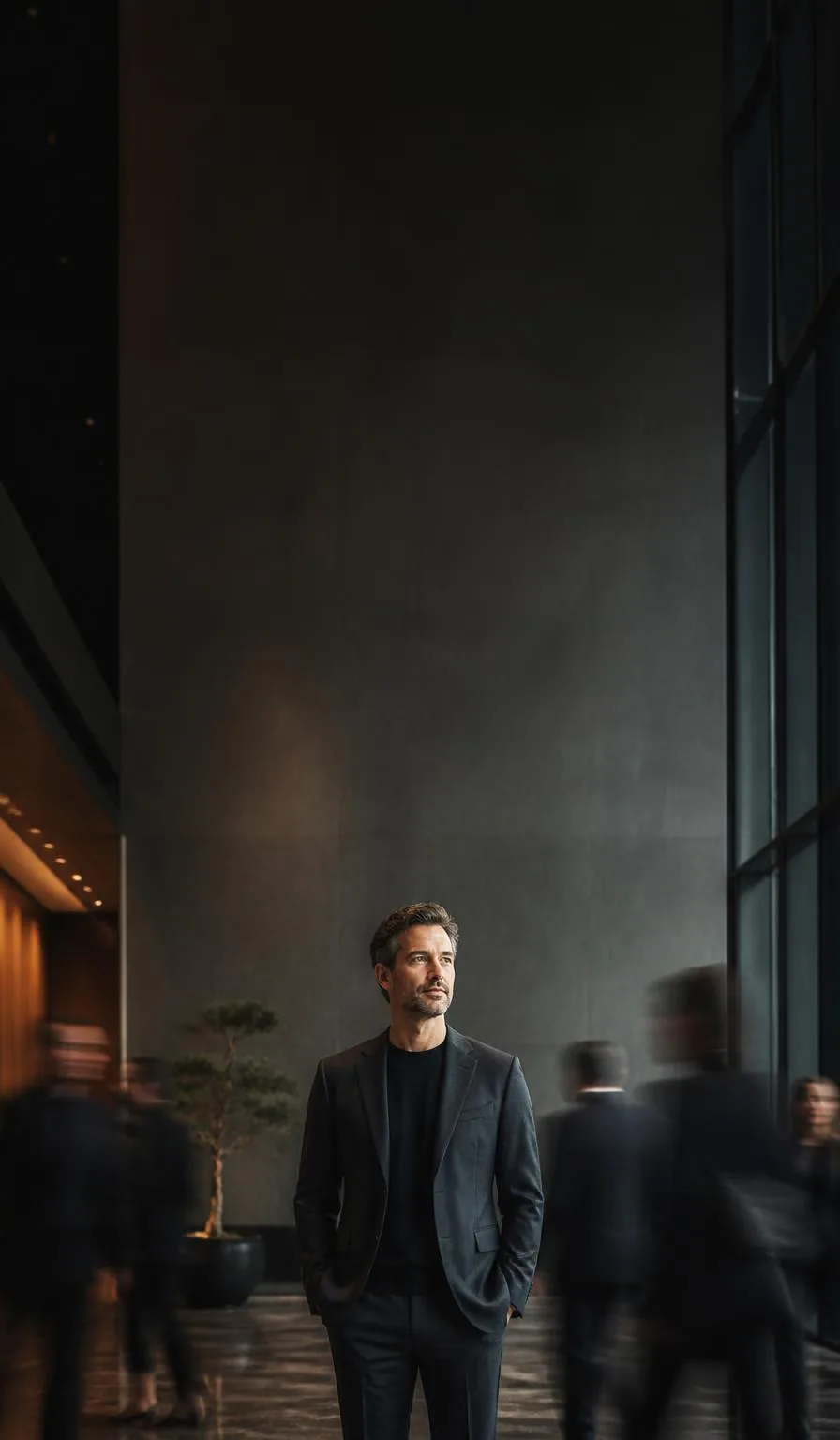 A composed professional standing still while the environment around them moves
