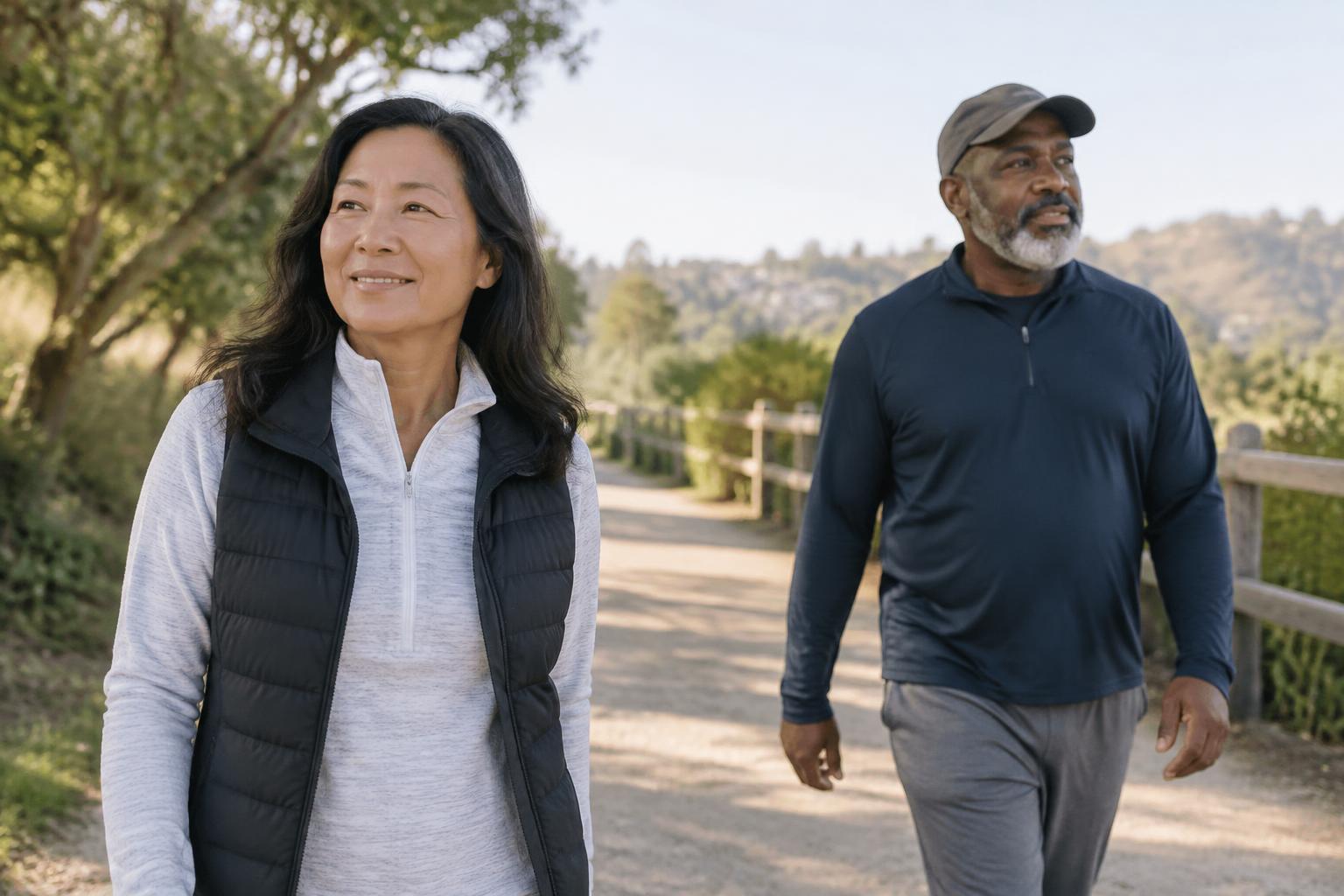 Two healthy adults in their fifties walking outdoors in morning light
