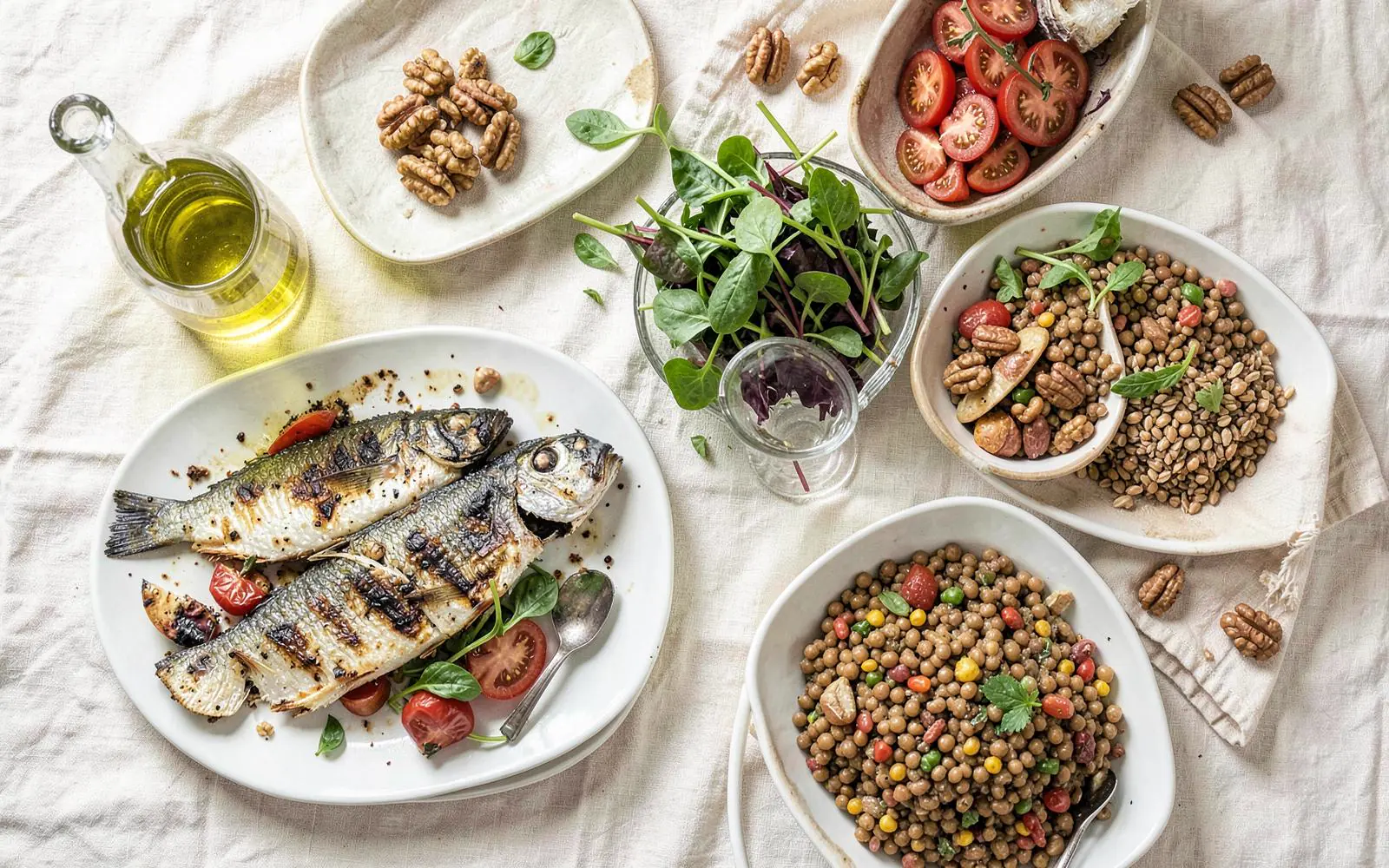 Mediterranean-style meal with olive oil, fish, legumes and vegetables