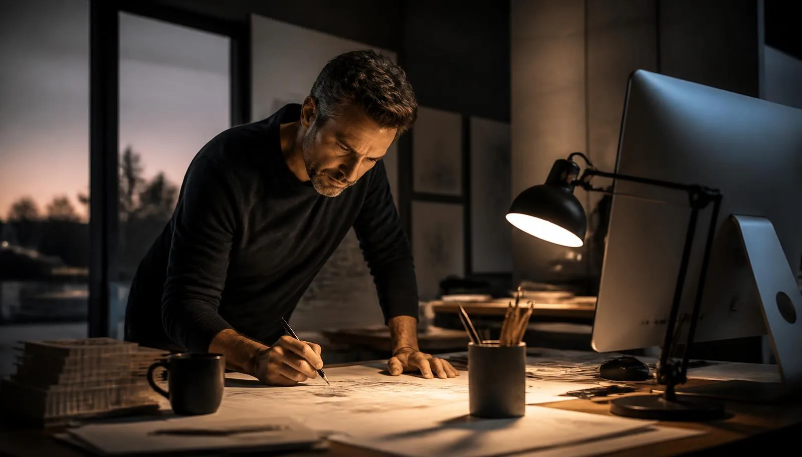 A designer working intently at dusk in a studio