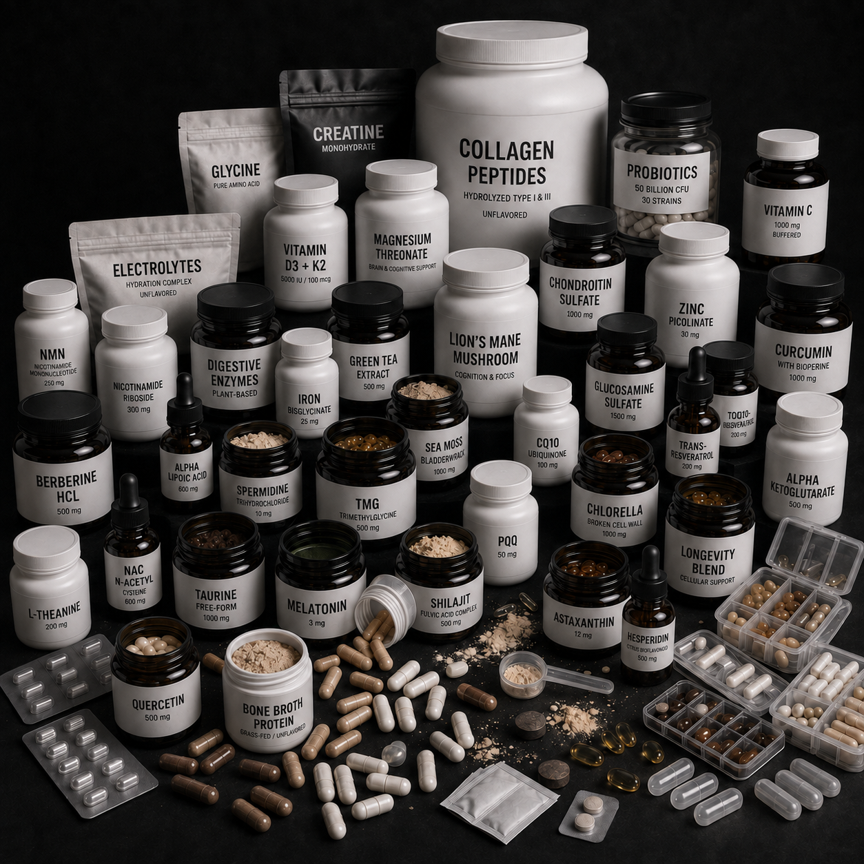 A large arrangement of unbranded single-ingredient supplement bottles, jars, powders and capsules