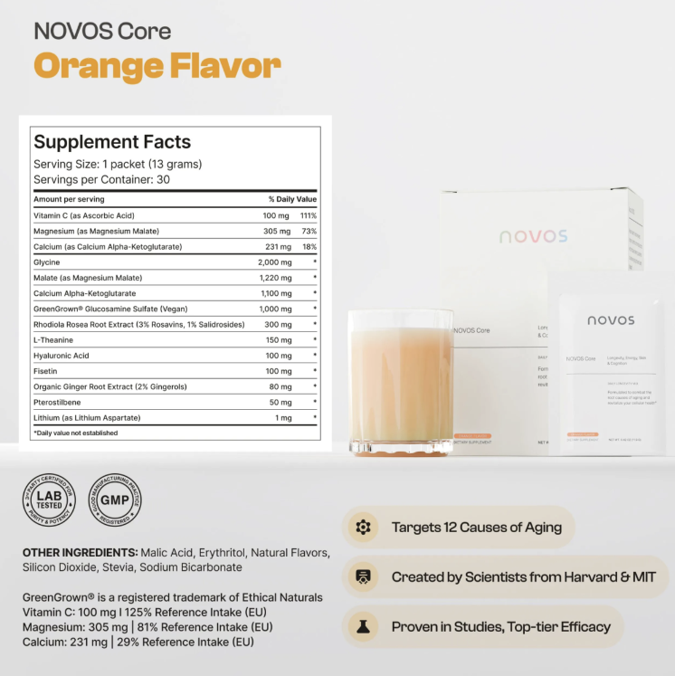 NOVOS Core Orange Flavor supplement facts label