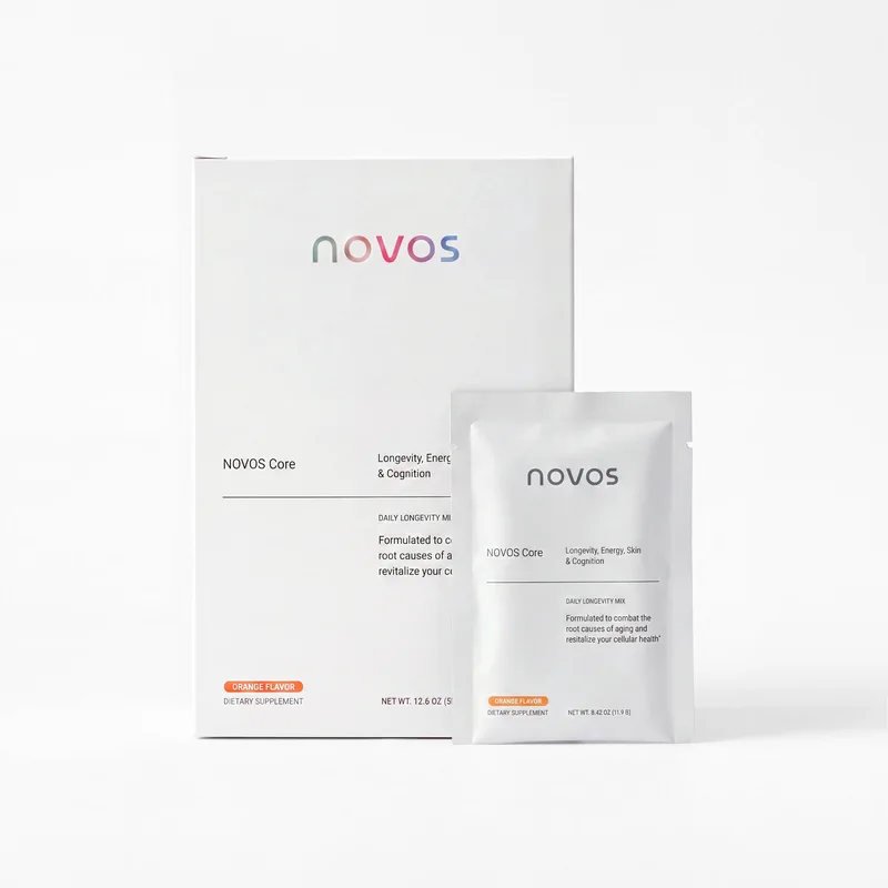 Official NOVOS Core packaging: the box and a single-serve sachet