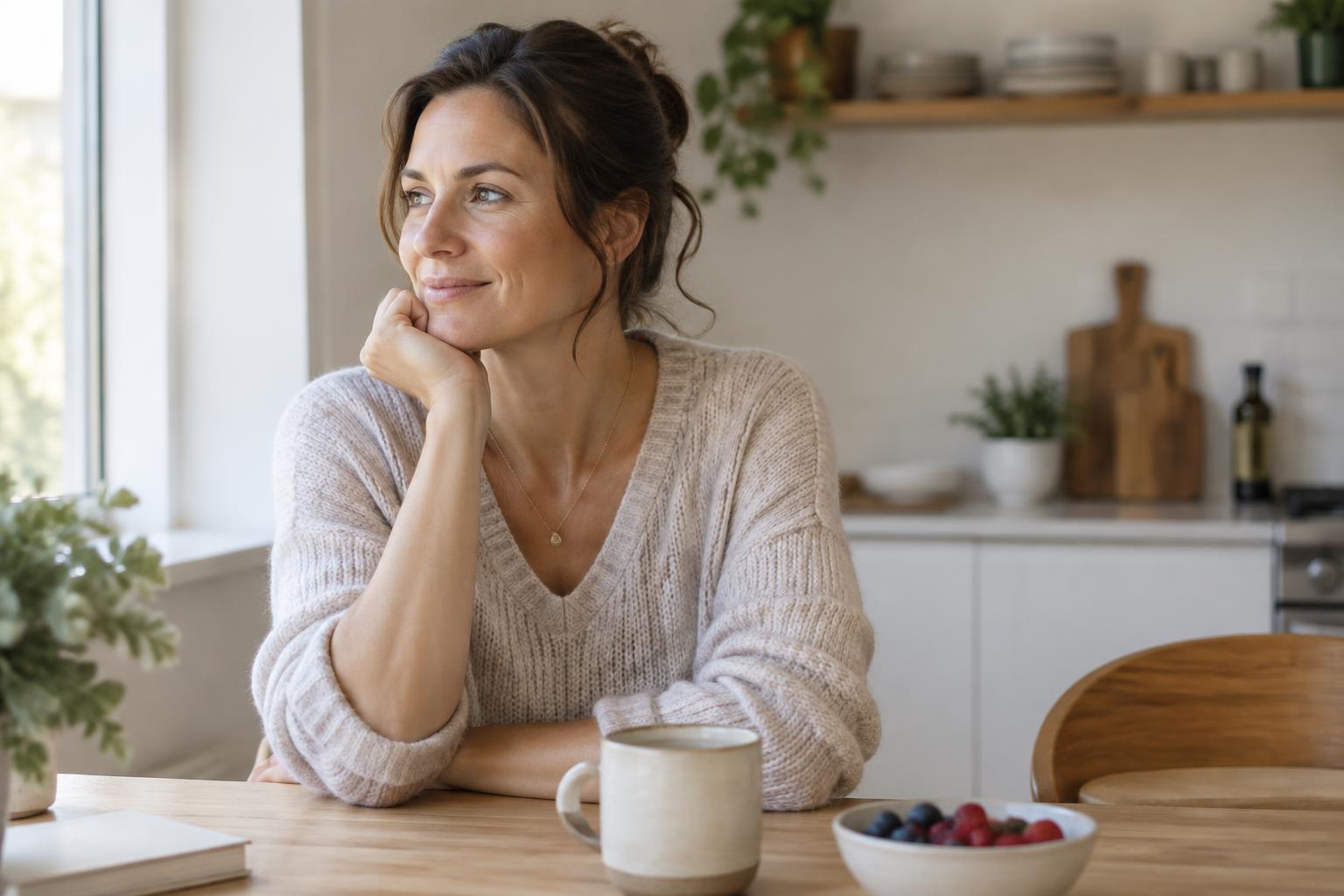 A woman in her late thirties sitting calmly at a sunlit kitchen table
