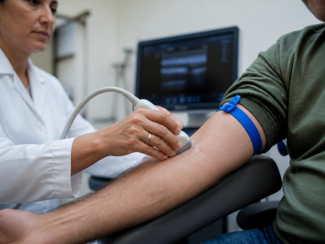 A clinician performing a vascular ultrasound assessment on a participant's arm during a flow-mediated dilation measurement