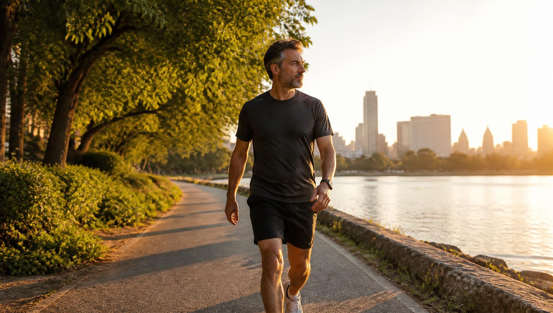 A man in his late forties walking briskly outdoors in early morning sunlight