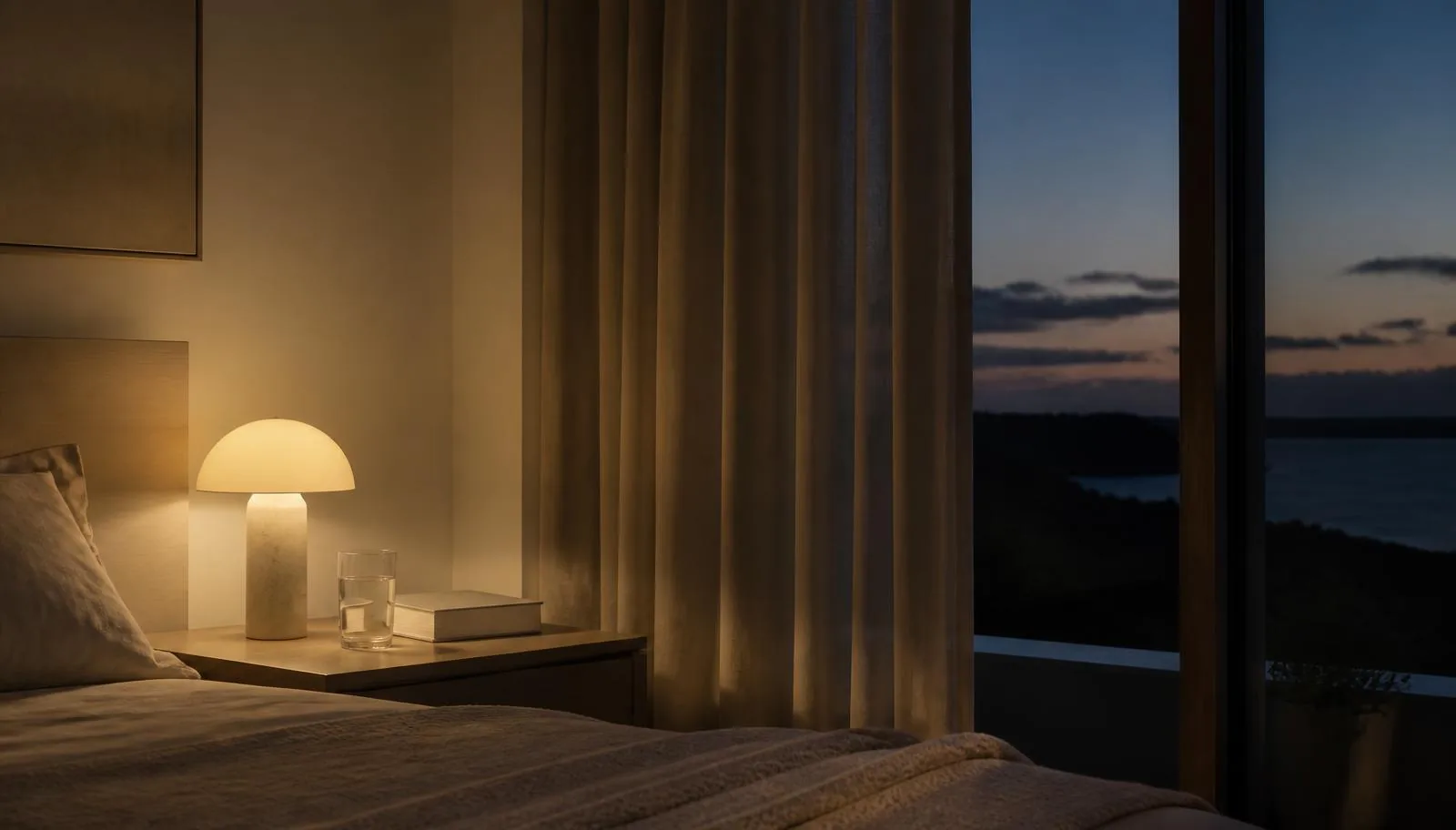 A calm bedroom at dusk with a book and a glass of water