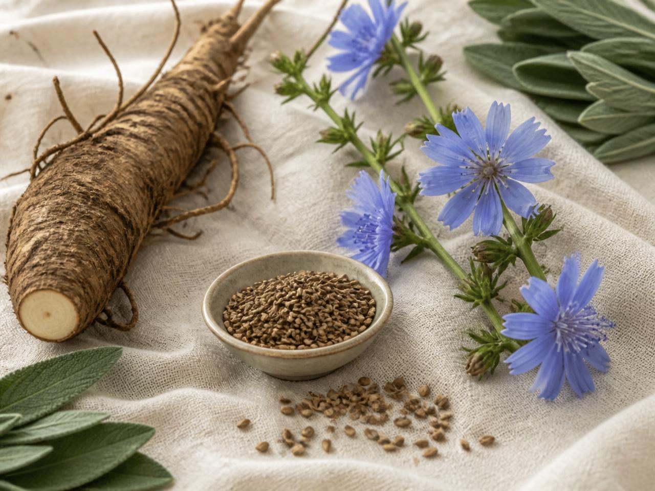 Chicory root and blue chicory flowers