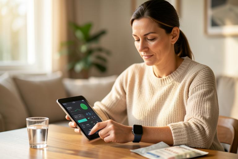 A woman at home reviewing her health metrics on a tablet