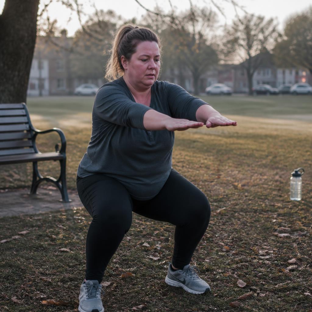 An athletic woman doing a bodyweight squat in a sunlit park