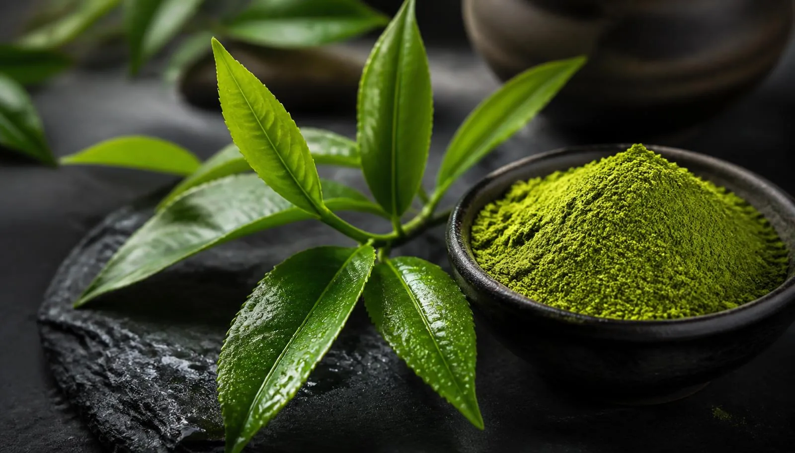 Fresh green tea leaves and matcha on dark stone
