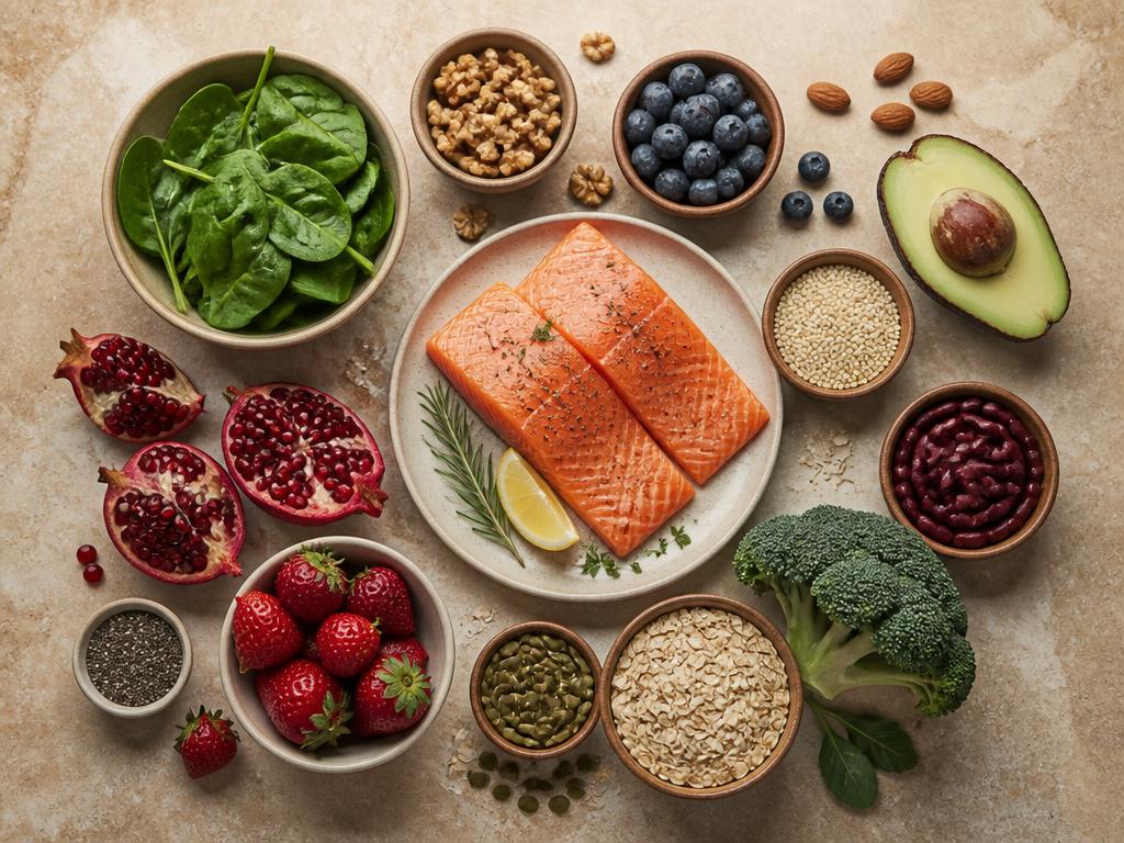 Overhead arrangement of whole foods including salmon, avocado and berries