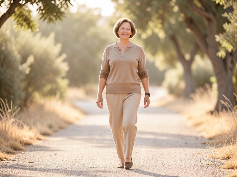 Woman walking outdoors in morning sunlight