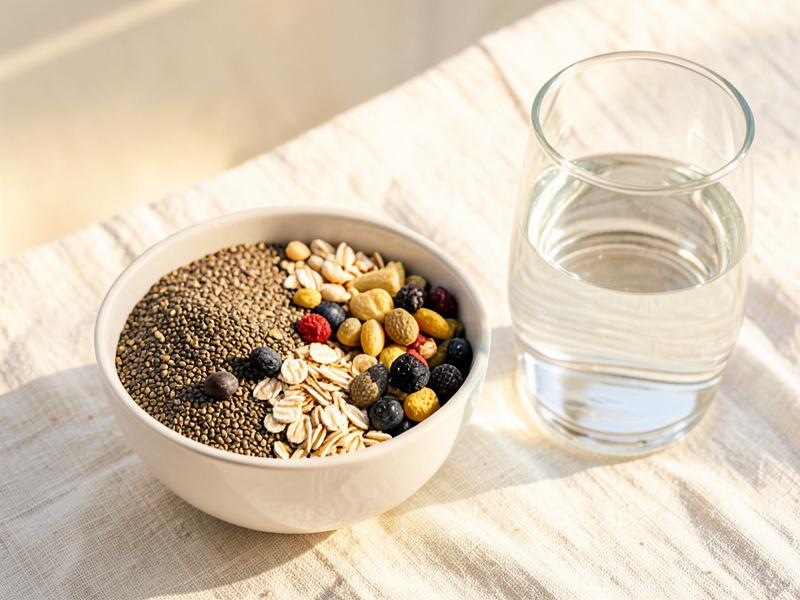 Bowl of fiber-rich seeds and oats beside a glass of water
