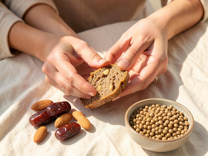 Hands holding a nutrition bar beside iron-rich whole foods
