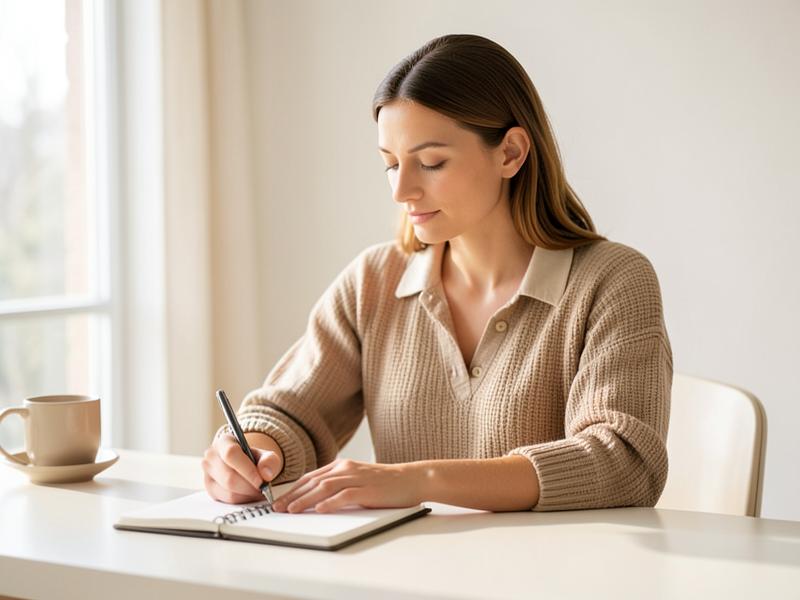 Woman working with calm concentration at a bright desk