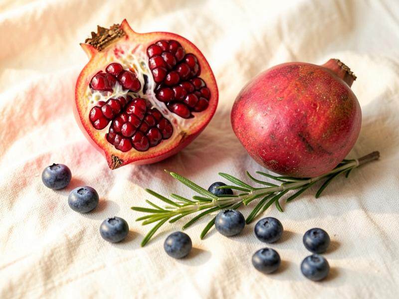 Antioxidant-rich pomegranate and blueberries on linen
