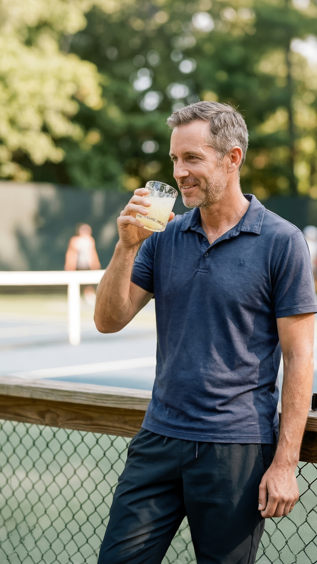 Man in his 50s sipping NOVOS Core by a pickleball court