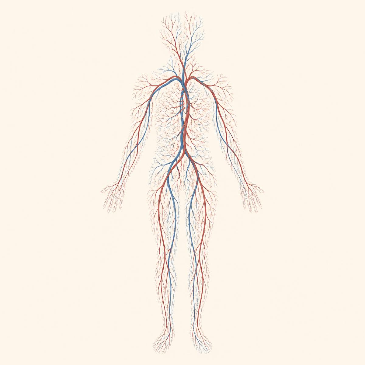 Illustration of the body's circulatory network rendered as fine branching vessels