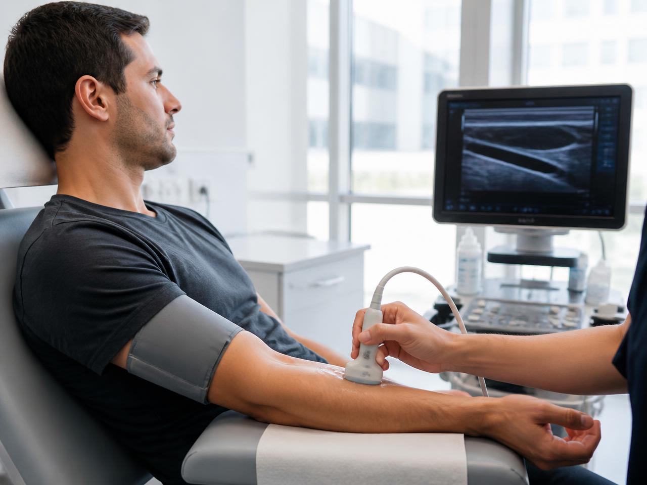 Arterial pulse waveform measurement on a study participant in a clinical research room