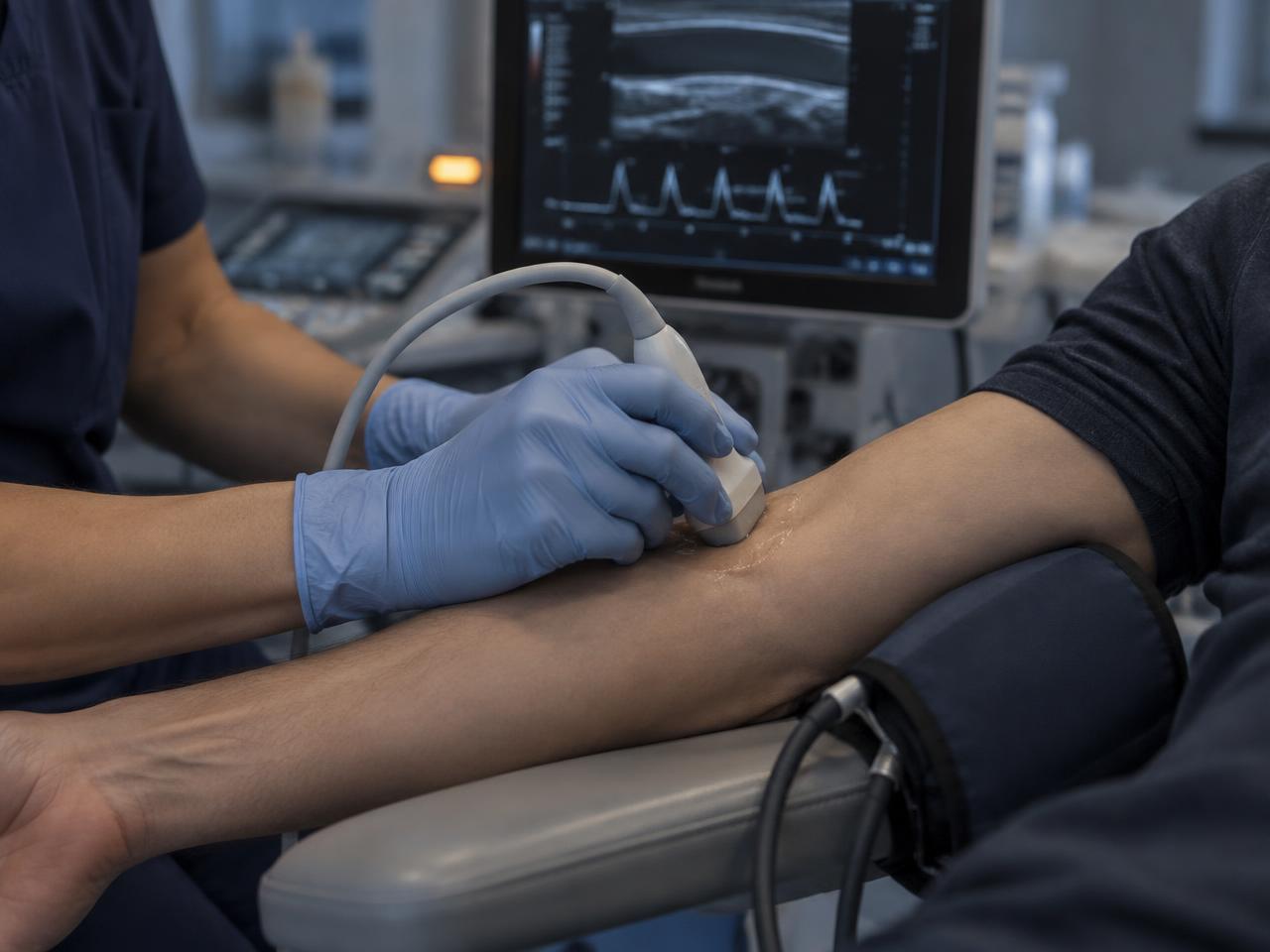 Researcher performing a brachial-artery ultrasound measurement on a study participant’s arm