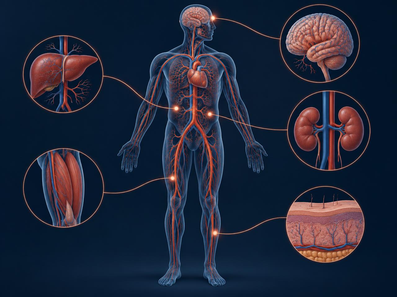 Illustration of the circulatory system connecting the heart with the brain, muscle, kidneys, liver and skin