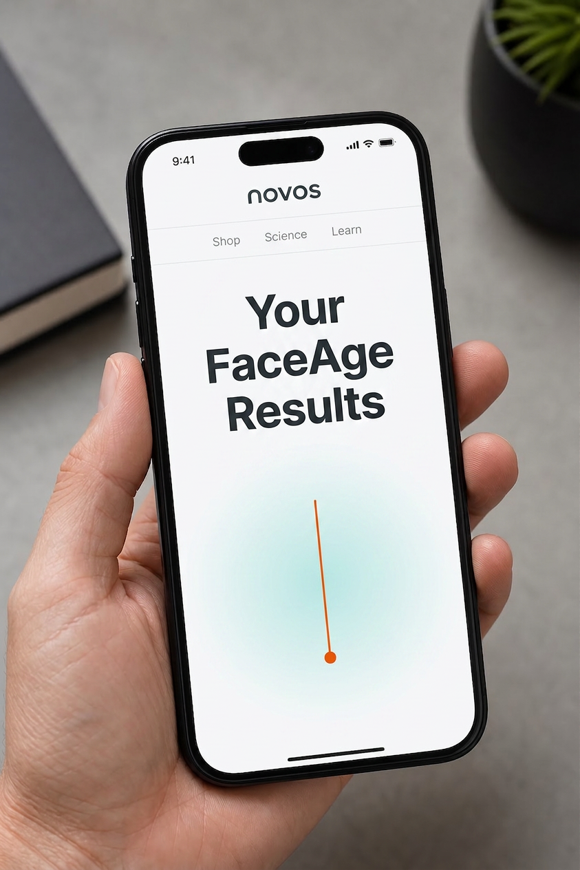 FaceAge AI app showing facial age vs chronological age analysis