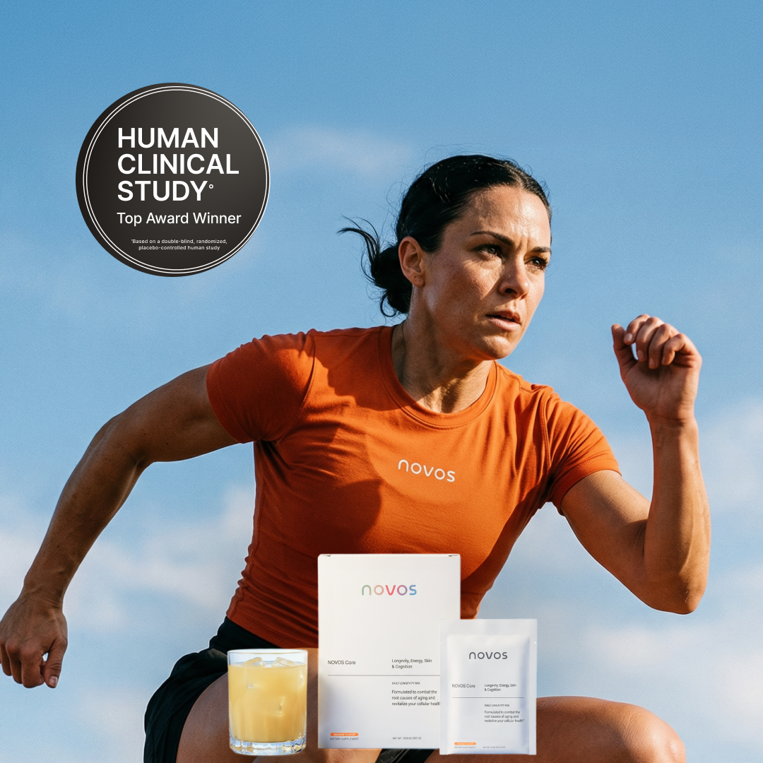 Athlete in NOVOS shirt with NOVOS Core packaging and Human Clinical Study Top Award Winner badge
