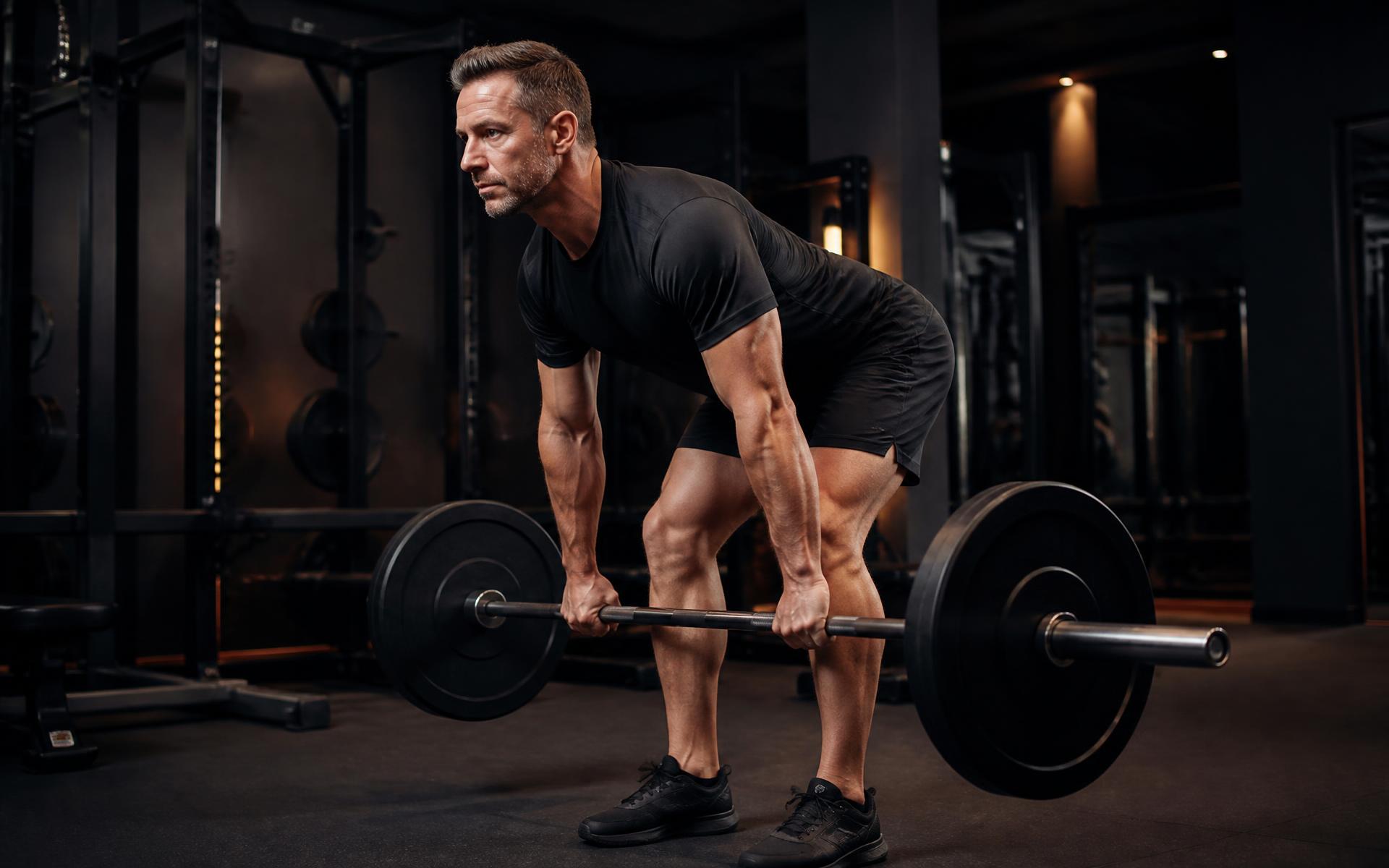 Man in his forties performing a Romanian deadlift with a loaded barbell in a gym