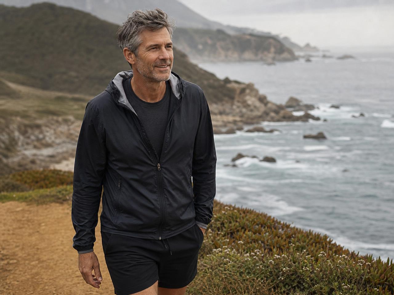 A man in his fifties walking a coastal trail in the morning