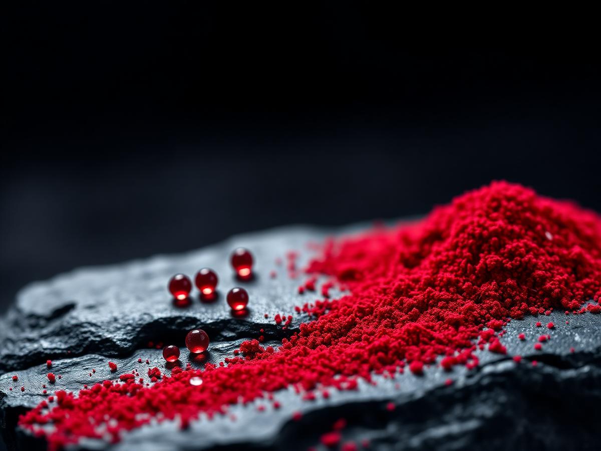Deep red algae-derived astaxanthin photographed in macro