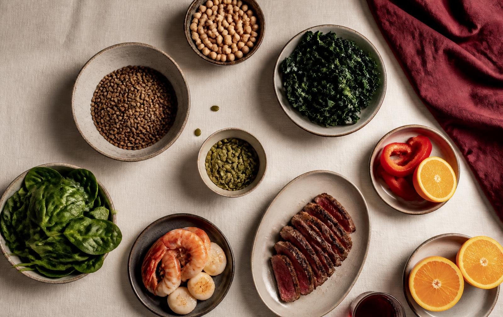 Overhead editorial scene of iron-rich foods: lentils, chickpeas, spinach, kale, seeds, beef, shellfish, peppers and oranges