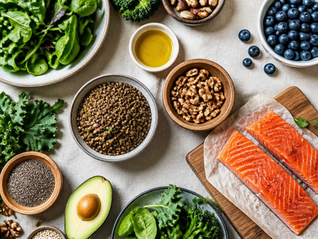 Leafy greens, lentils, walnuts, berries and olive oil on a linen table