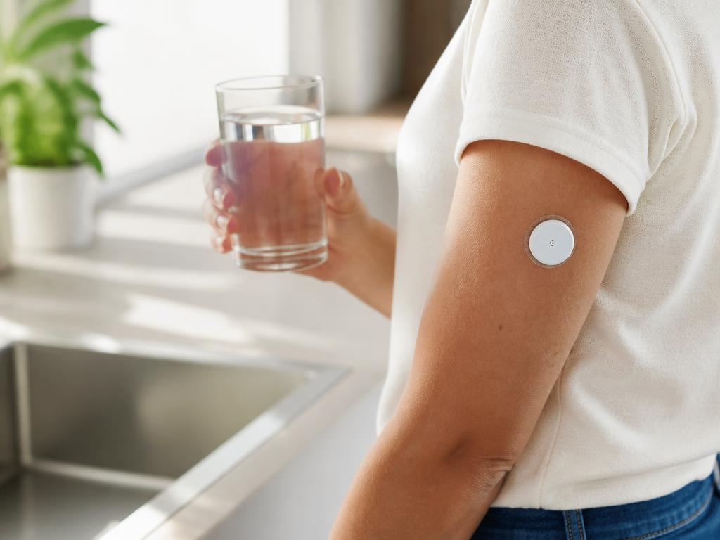 A wearable glucose sensor on a forearm beside a glass of water