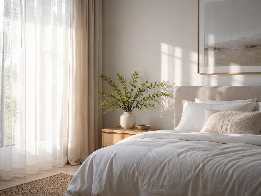 Crisp white bed linen in a bright, calm bedroom