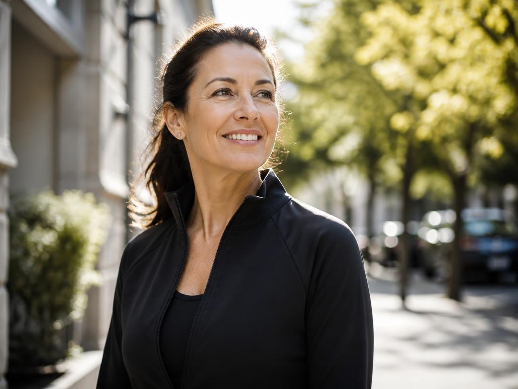 A smiling woman stepping outside into fresh morning air