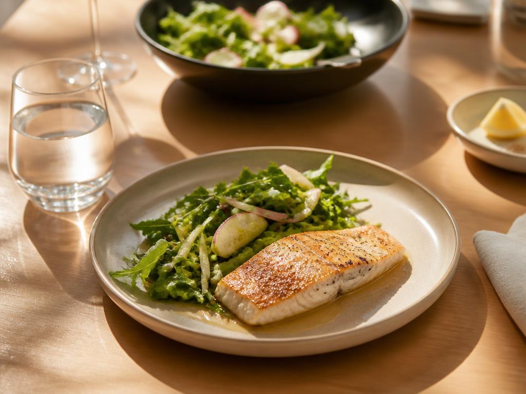 A light early dinner of fish and salad in warm afternoon light